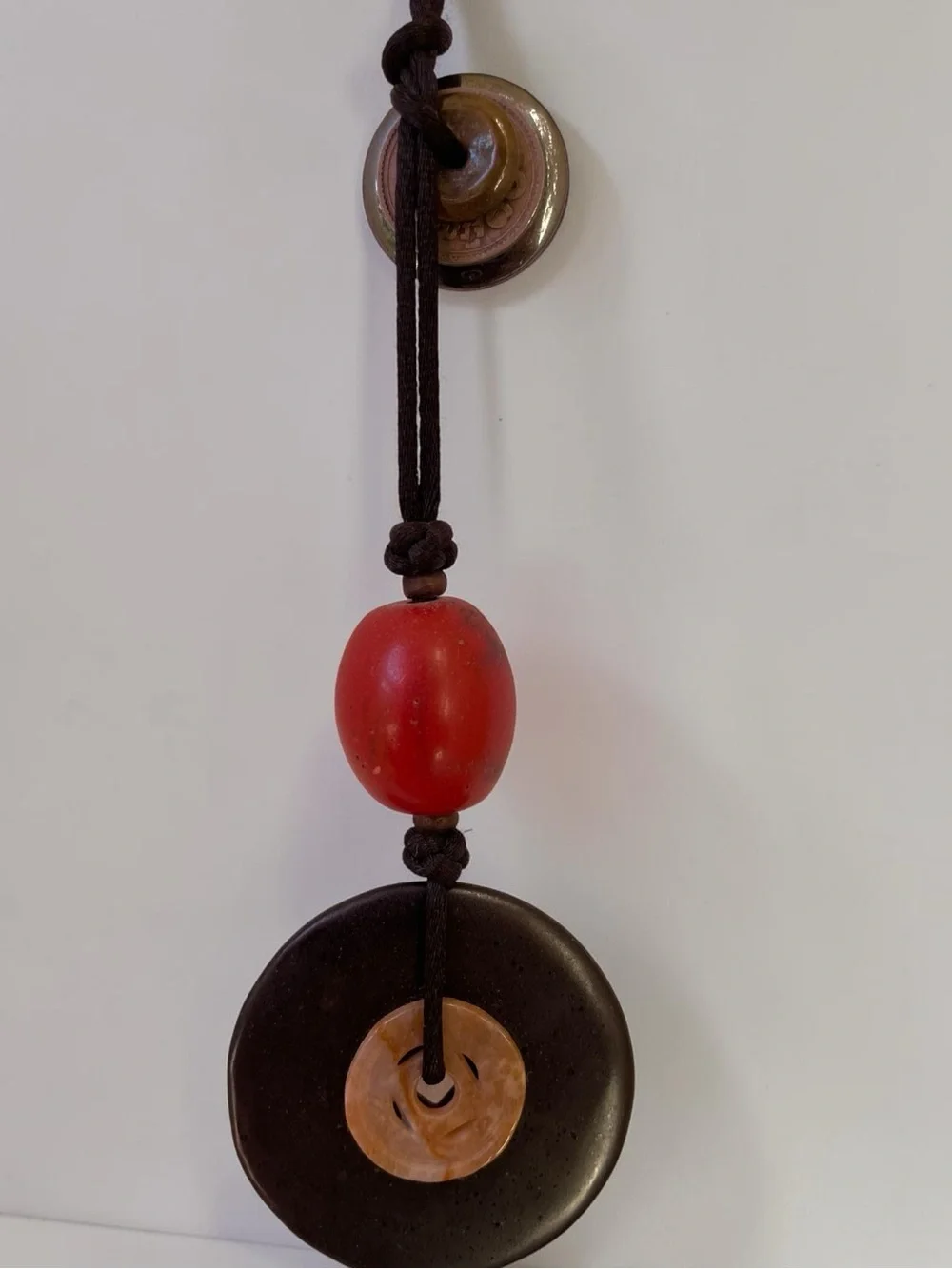 Asian Chinese Coin Donut Medallion Pendant Cord Necklace